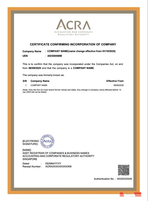 Singapore certificate confirming incorporation of company Word and PDF template